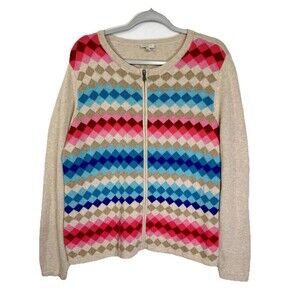 Talbots Argyle Full Zip Jacket Cardigan Womens XL Tan Pink Blue Diamond Sweater